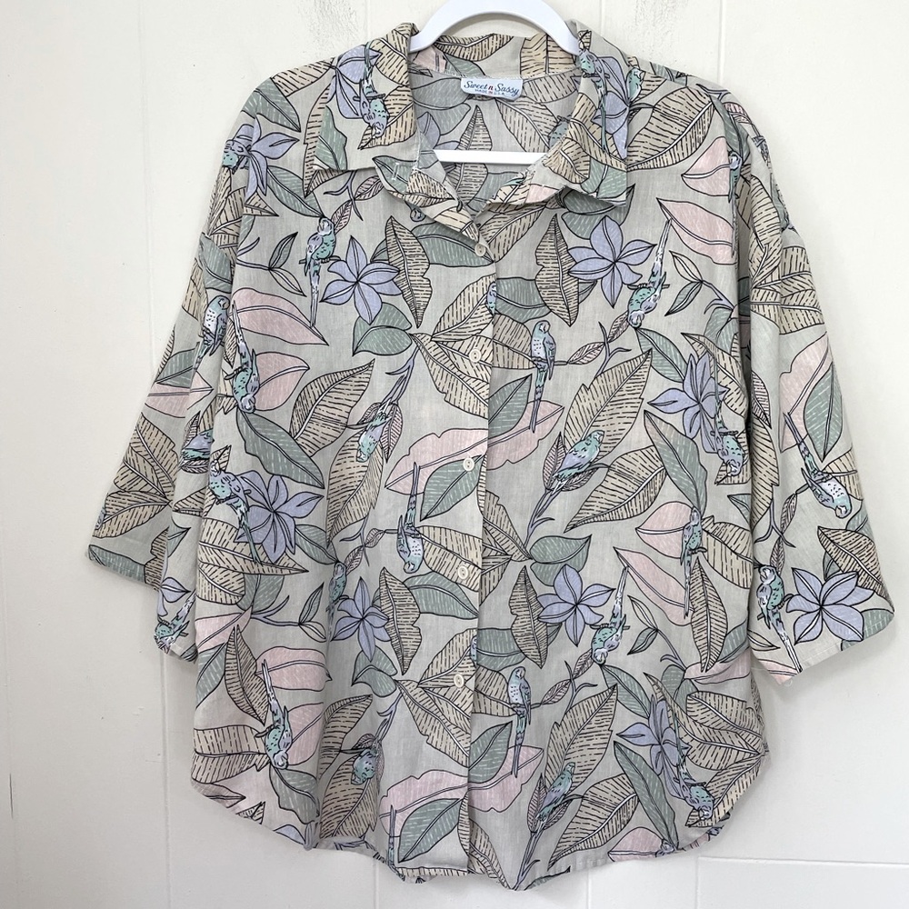 Vintage Tropical Floral Bird Print Button Up Shirt Collared ~ Women’s Size XXL